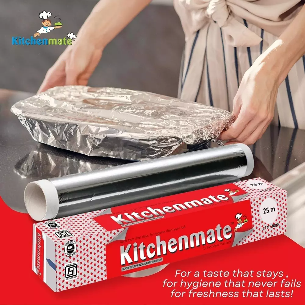 Kitchenmate Food Wrapping Aluminium Foil 25 m 10 Microns, Silver(Pack of 50 Box)
