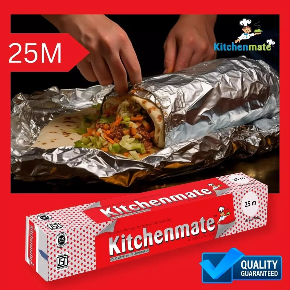 Kitchenmate Food Wrapping Aluminium Foil 25 m 10 Microns, Silver(Pack of 50 Box)