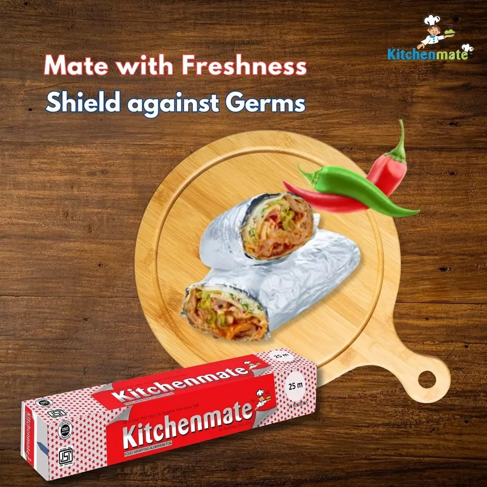 Kitchenmate Food Wrapping Aluminium Foil 25 m 10 Microns, Silver(Pack of 50 Box)