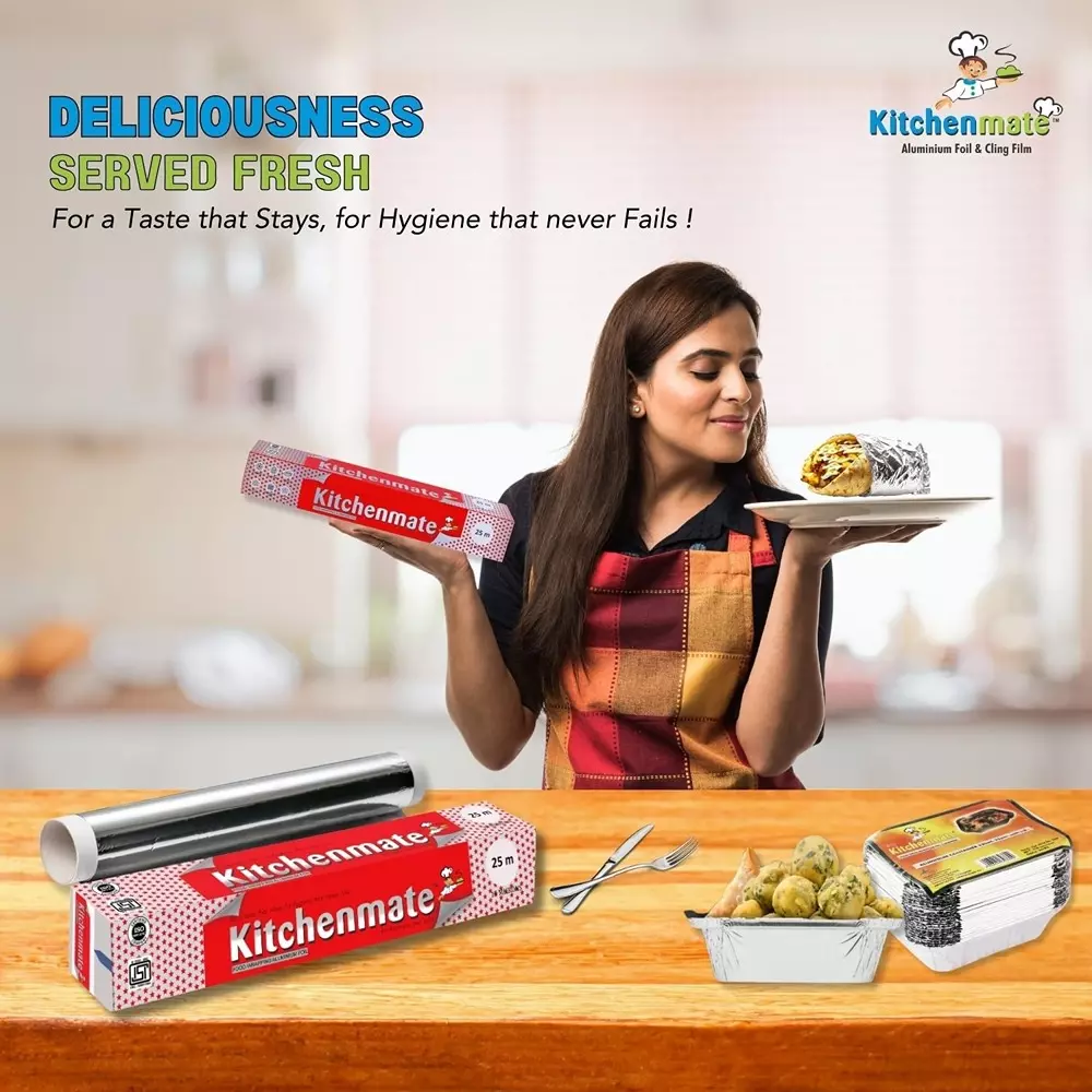 Kitchenmate Food Wrapping Aluminium Foil 25 m 10 Microns, Silver(Pack of 50 Box)
