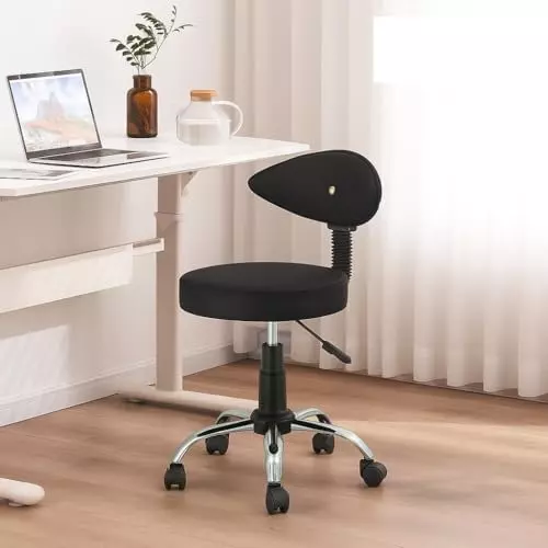 NEWTURN Metto Rolling Swivel Bar Stool Cushion Foam 5 Wheel Standard Size Teak Wood, Synthetic Leather Material Black Rexine Mid Back