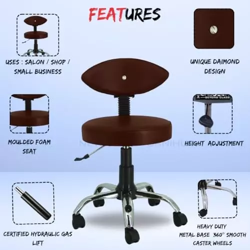 NEWTURN Metto Rolling Swivel Bar Stool Cushion Foam 5 Wheel Standard Size Teak Wood, Synthetic Leather Material Brown Mid Back