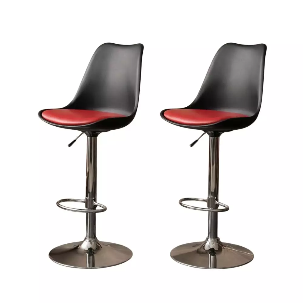 Activa Rapid Bar Stool Chair with Padded Seat & Footrest Low Back Polyester Black & Red for Kitchen, Home, Bar & Cafe (Pack of 2 Pcs)