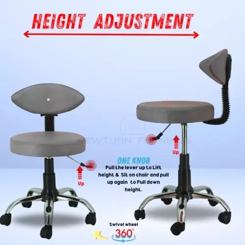 NEWTURN Metto Rolling Swivel Bar Stool Cushion Foam 5 Wheel Standard Size Teak Wood, Synthetic Leather Material Grey Mid Back