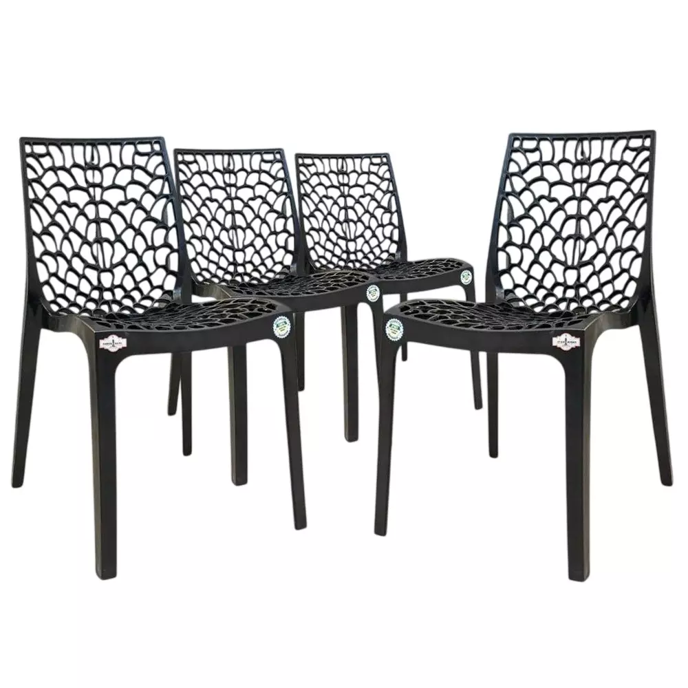 ZIDLE Comet Spider Style Mid Back Dining Chair Black Plastic for Dining Room, Living Room, Balcony, Garden (Pack of 4)