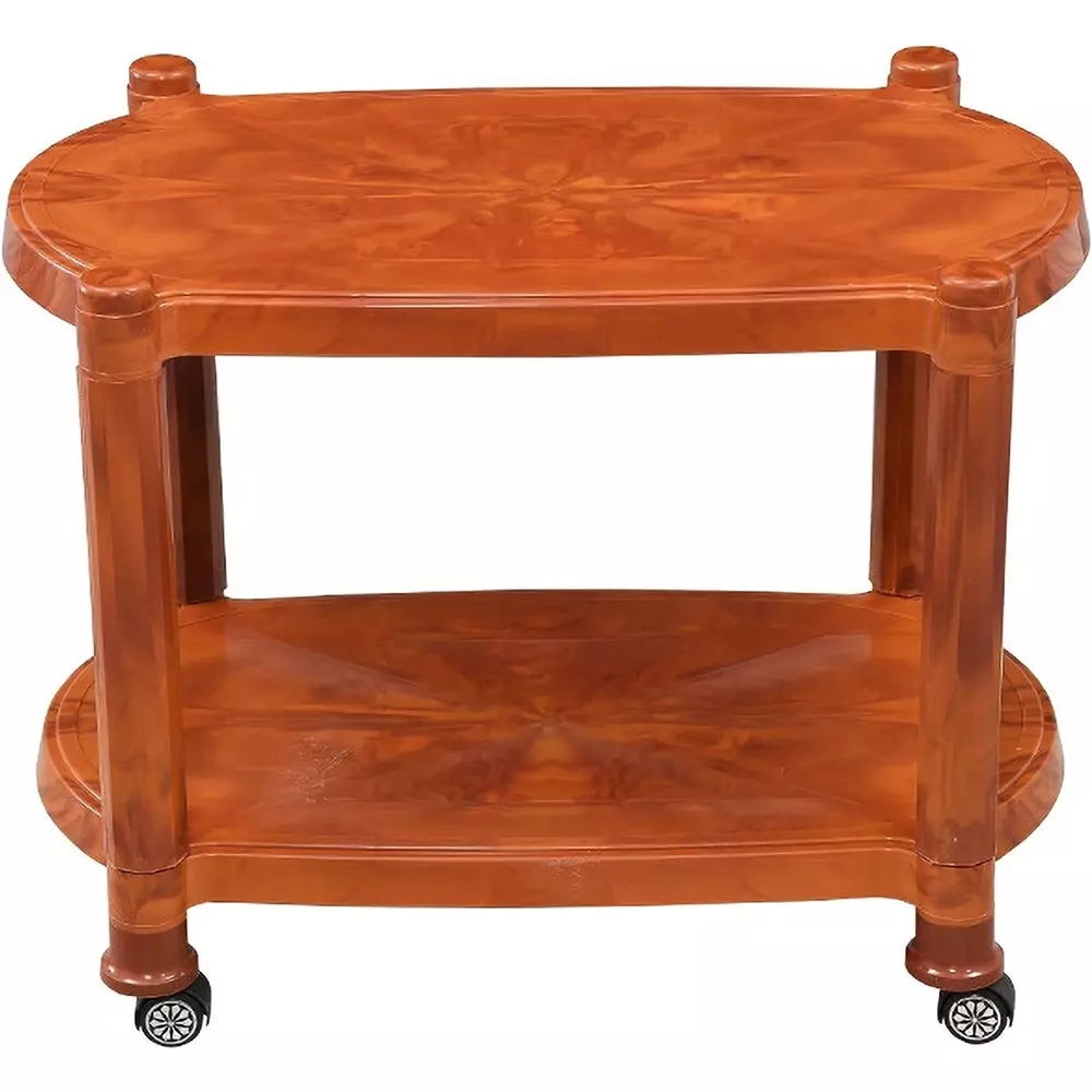 SWAGATH Wheel Type 2 Shelves Plastic Coffee Table Teak Wood For Cafe, Home, Living Room, CTBL-03-TW-1