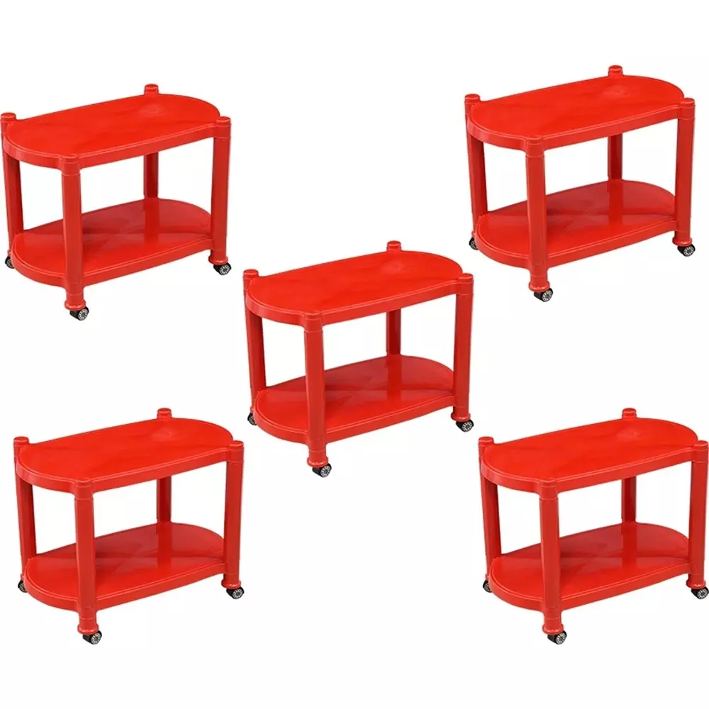 SWAGATH Wheel Type 2 Shelves Plastic Coffee Table Red For Cafe, Home, Living Room, CTBL-03-BR-5 (Pack of 5)