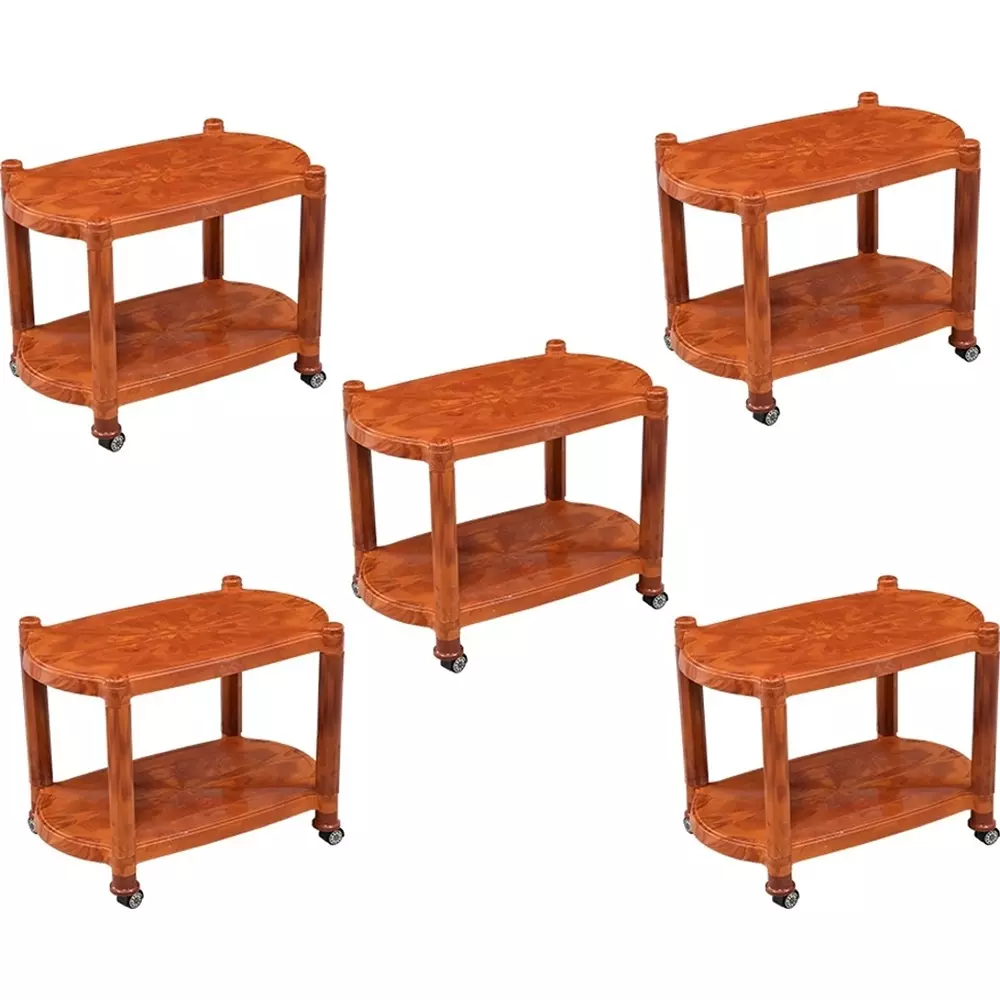 SWAGATH Wheel Type 2 Shelves Plastic Coffee Table Teak Wood For Cafe, Home, Living Room, CTBL-03-TW-5 (Pack of 5)