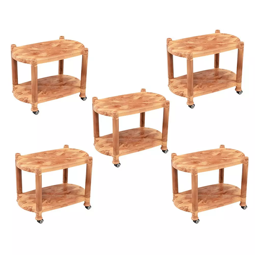SWAGATH Wheel Type 2 Shelves Plastic Coffee Table Sandal Wood For Cafe, Home, Living Room, CTBL-03-SW-5 (Pack of 5)