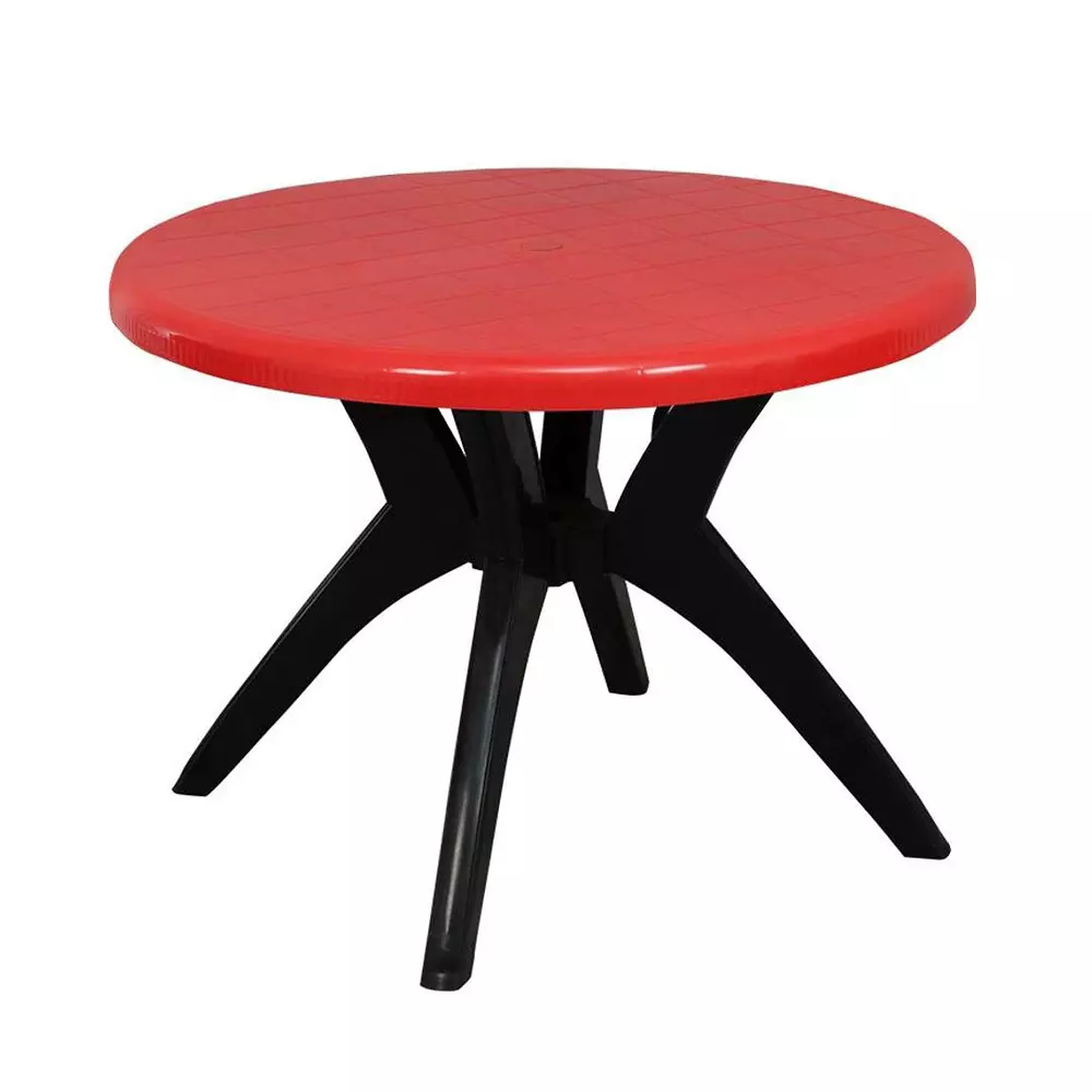 Swagath Cross Leg Dining Table Round Shape Plastic Red Top Black Leg for Home, Garden & Cafeteria Use, FANTASY-BR-1