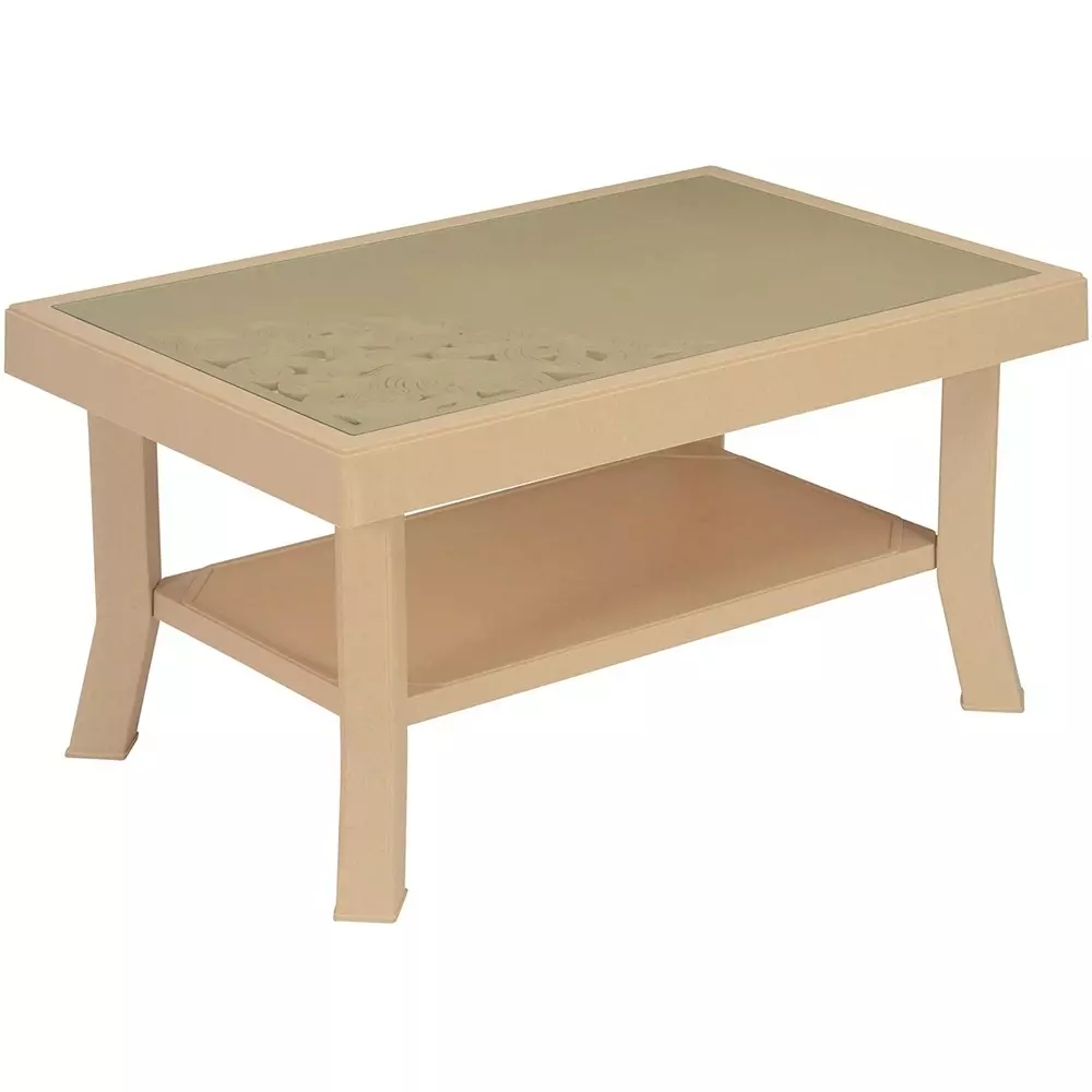 Nilkamal Center Table with 2 Carv Glass Powder Coated Marble beige Plastic & Glass 92x60x47 cm for Home & Office Use