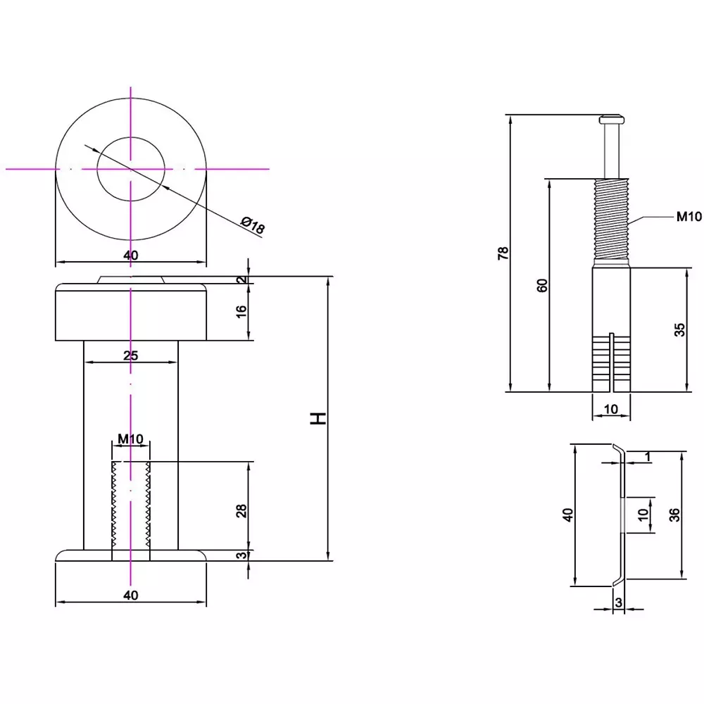MonotaRO Floor Mount Bar Type Door Stop With Base mass About 200 g height 80 mm Outer Diameter Top 40, bottom 25 Φmm, 80