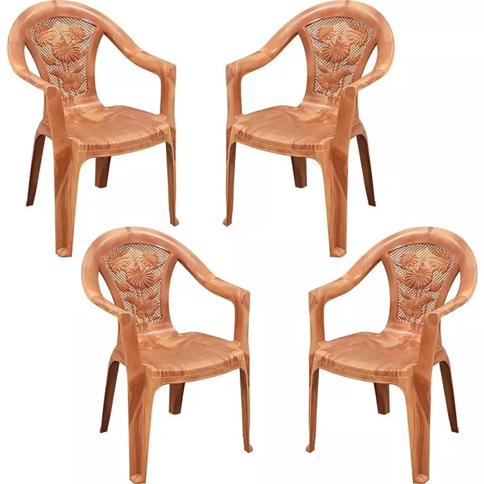 Swagath Plastic Chair With Armrest Sandal Wood Color for Cafe, Home and Office, SW-308 (Pack of 4 Pcs)
