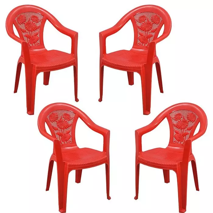 Swagath Plastic Chair With Armrest Red Color for Cafe, Home and Office, SW-308 (Pack of 4 Pcs)