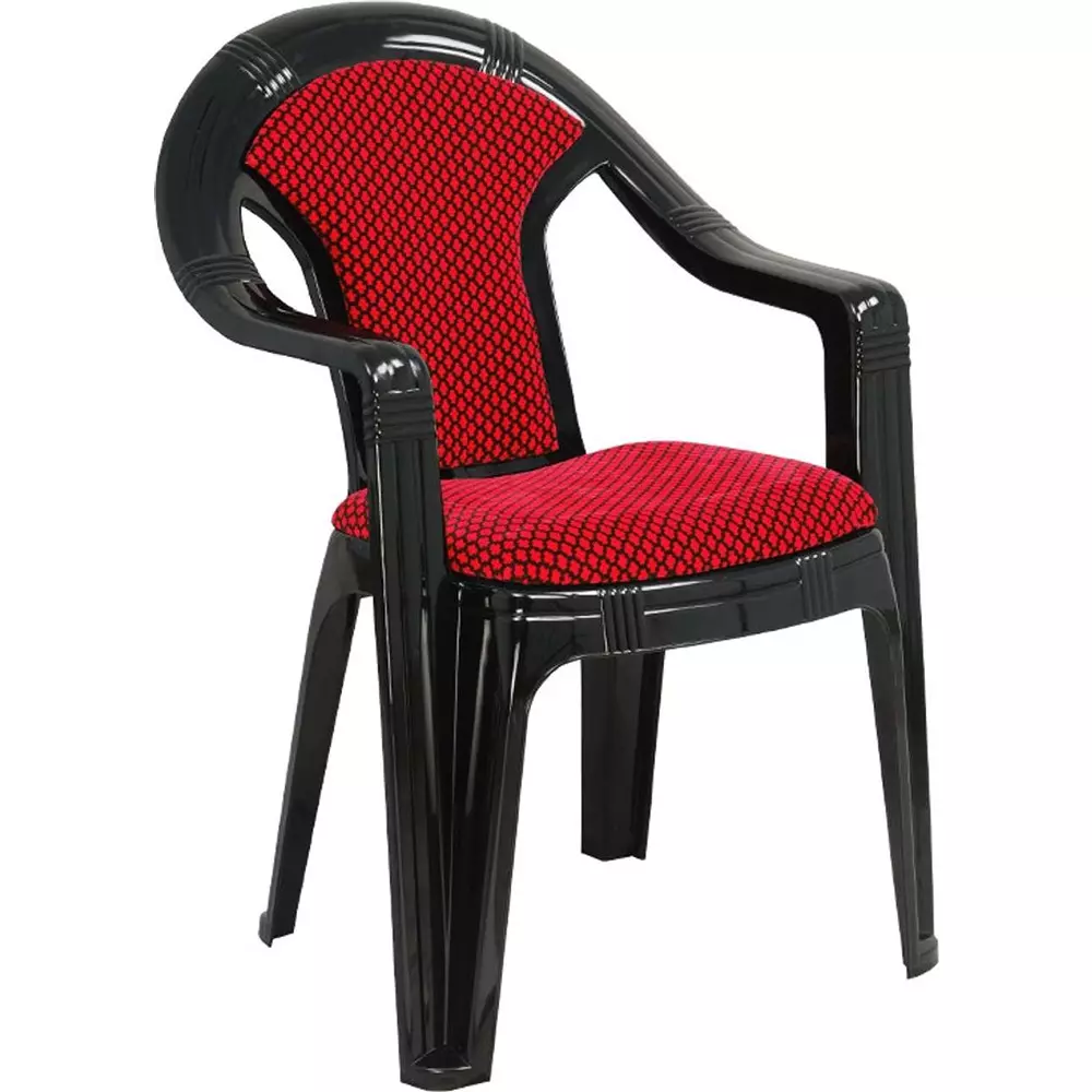 Swagath ADORE Cafeteria Cushioned Chair with Arm Rest Plastic Black Body With Red Cushioned Seat 82x59x59 cm Size, ADORE-BK/BR-1