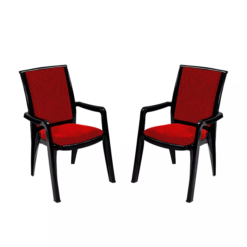 Swagath Premier Plastic Cushioned Seat with Arm Chair, Red and Black (Set of 2)
