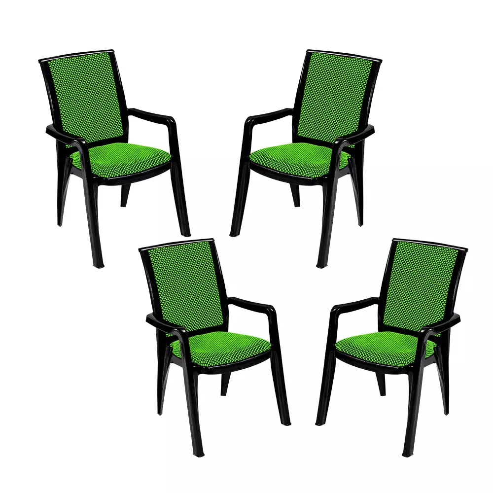 Swagath Premier Plastic Cushioned Seat with Arm Chair, Green and Black (Set of 4)