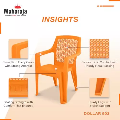 Maharaja Arm Rest Polypropylene Chair 200 Kg Bearing Capacity Orange, Dollar503_Orange-PK2 (Set of 2)