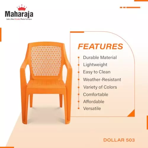 Maharaja Arm Rest Polypropylene Chair 200 Kg Bearing Capacity Orange, Dollar503_Orange-PK2 (Set of 2)