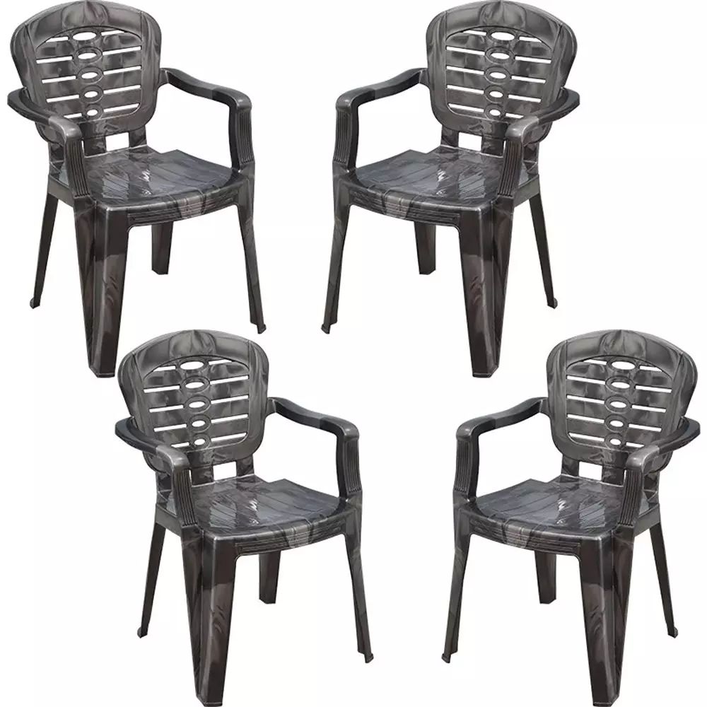 Swagath Plastic Chair with Arm Rest Silver Black Matte Finish 100 Kg Load Capacity High Back for Indoor & Outdoor Use, SW-1502 (Pack of 4 Pcs)