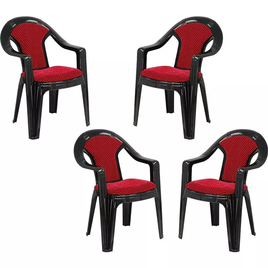 Swagath ADORE Cafeteria Cushioned Chair with Arm Rest Plastic Black Body With Red Cushioned Seat 82x59x59 cm Size, ADORE-BK/BR-4 (Pack of 4 Pcs)