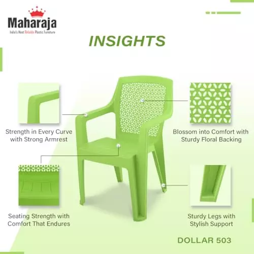 Maharaja Arm Rest Polypropylene Chair 200 Kg Bearing Capacity Green, Dollar503_Green-PK4 (Set of 4)