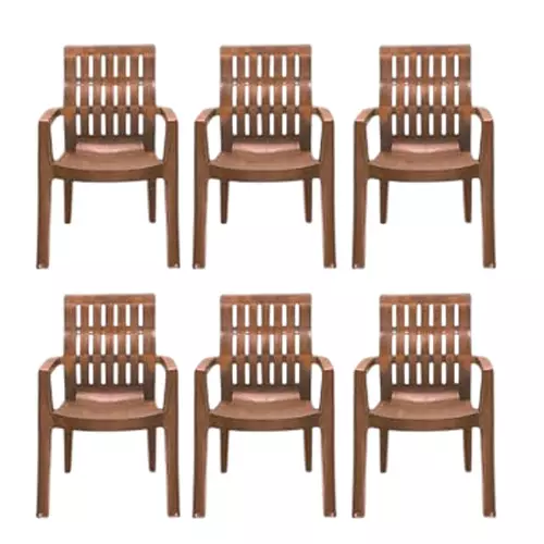 Maharaja Chair With Arm Rest Modern Stylish Design 200 Kg Bearing Capacity Teakwood Plastic for Home, School, Garden & Office, Fortuner_Teakwood-PK6 (Pack of 6 Pcs)