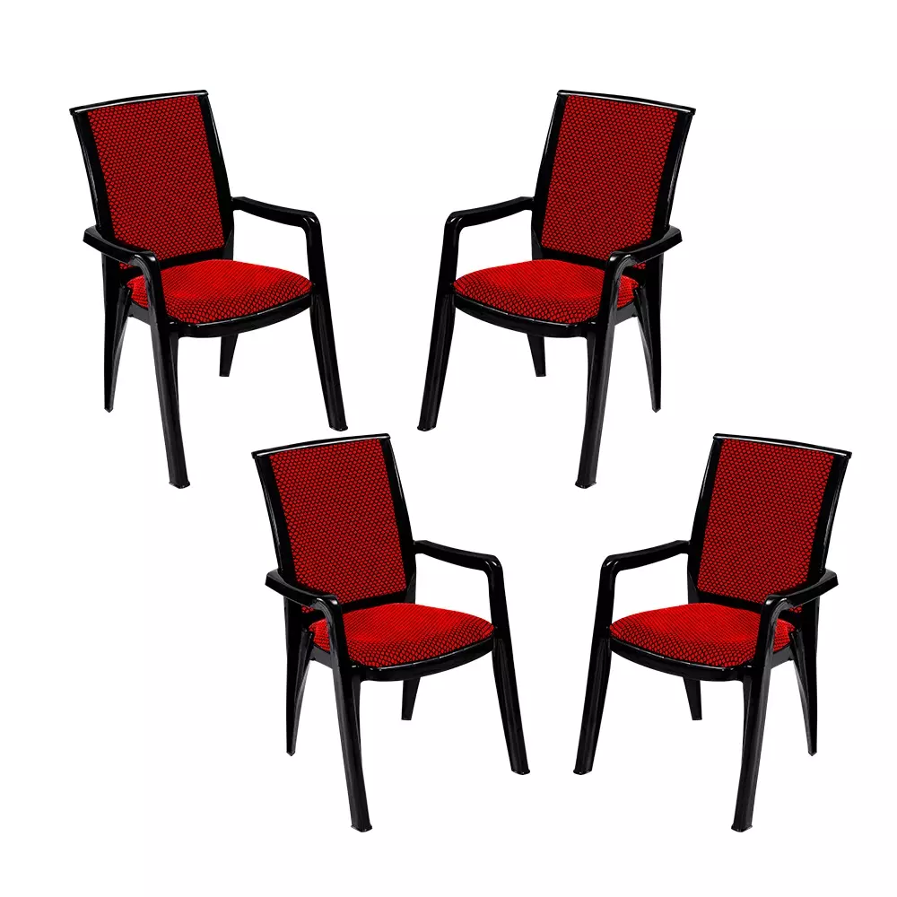 Swagath Premier Plastic Cushioned Seat with Arm Chair, Red and Black (Set of 4)
