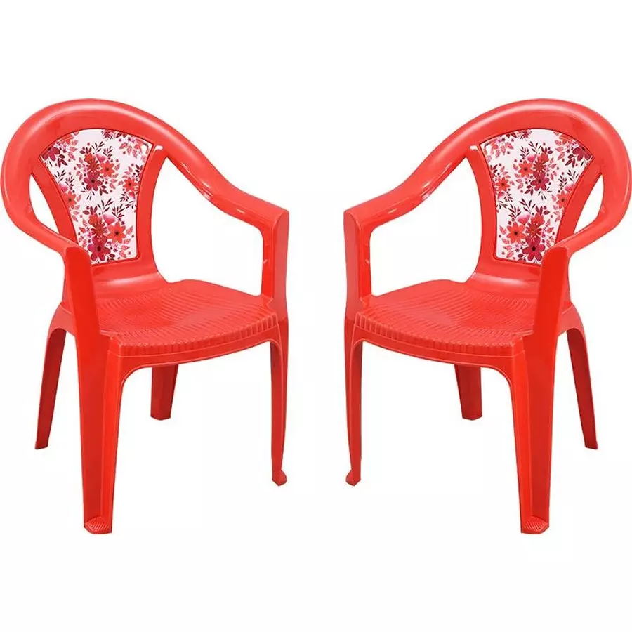 Swagath Chair With Arm Rest Meduim Back Style Plastic Red Floral for Outdoor & Indoor Use, FLORAL-BR-2 (Pack of 2 Pcs)