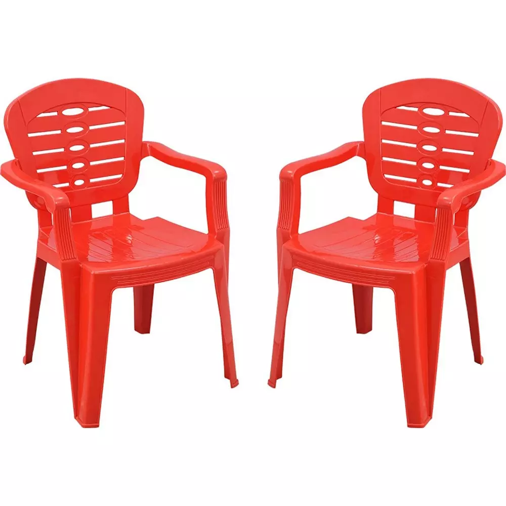 Swagath Plastic Chair with Arm Rest Red Matte Finish 100 Kg Load Capacity High Back for Indoor & Outdoor Use, SW-1502 (Pack of 2 Pcs)