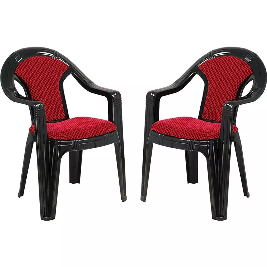 Swagath ADORE Cafeteria Cushioned Chair with Arm Rest Plastic Black Body With Red Cushioned Seat 82x59x59 cm Size, ADORE-BK/BR-2 (Pack of 2 Pcs)