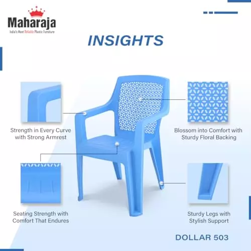 Maharaja Arm Rest Polypropylene Chair 200 Kg Bearing Capacity Blue, Dollar503_Blue-PK6 (Set of 6)