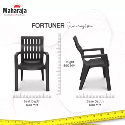 Maharaja Arm Rest Plastic Chair 200 Kg Bearing Capacity Black, Fortuner_Black-PK2 (Set of 2)
