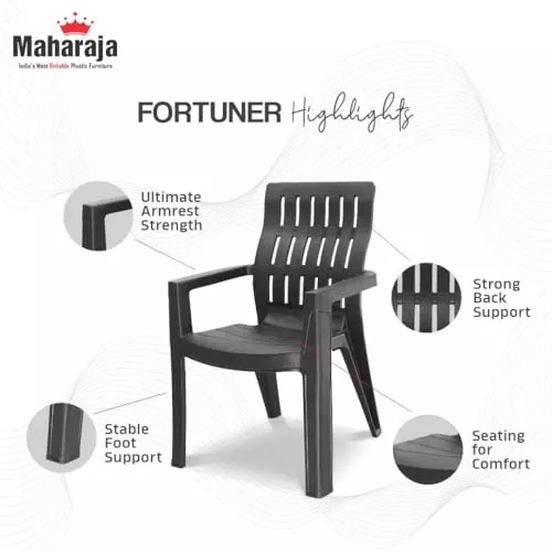 Maharaja Arm Rest Plastic Chair 200 Kg Bearing Capacity Black, Fortuner_Black-PK2 (Set of 2)