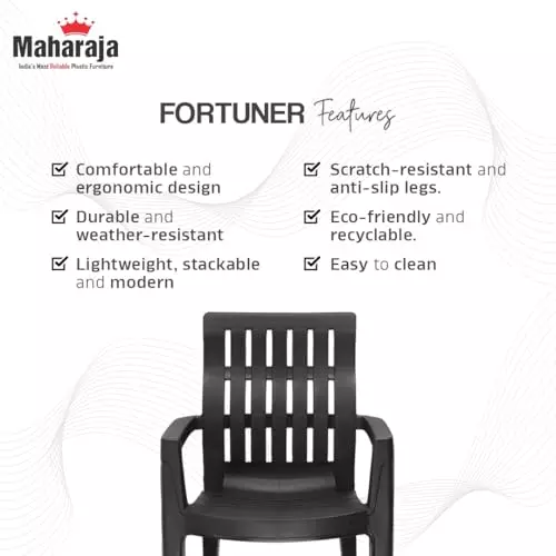 Maharaja Arm Rest Plastic Chair 200 Kg Bearing Capacity Black, Fortuner_Black-PK2 (Set of 2)