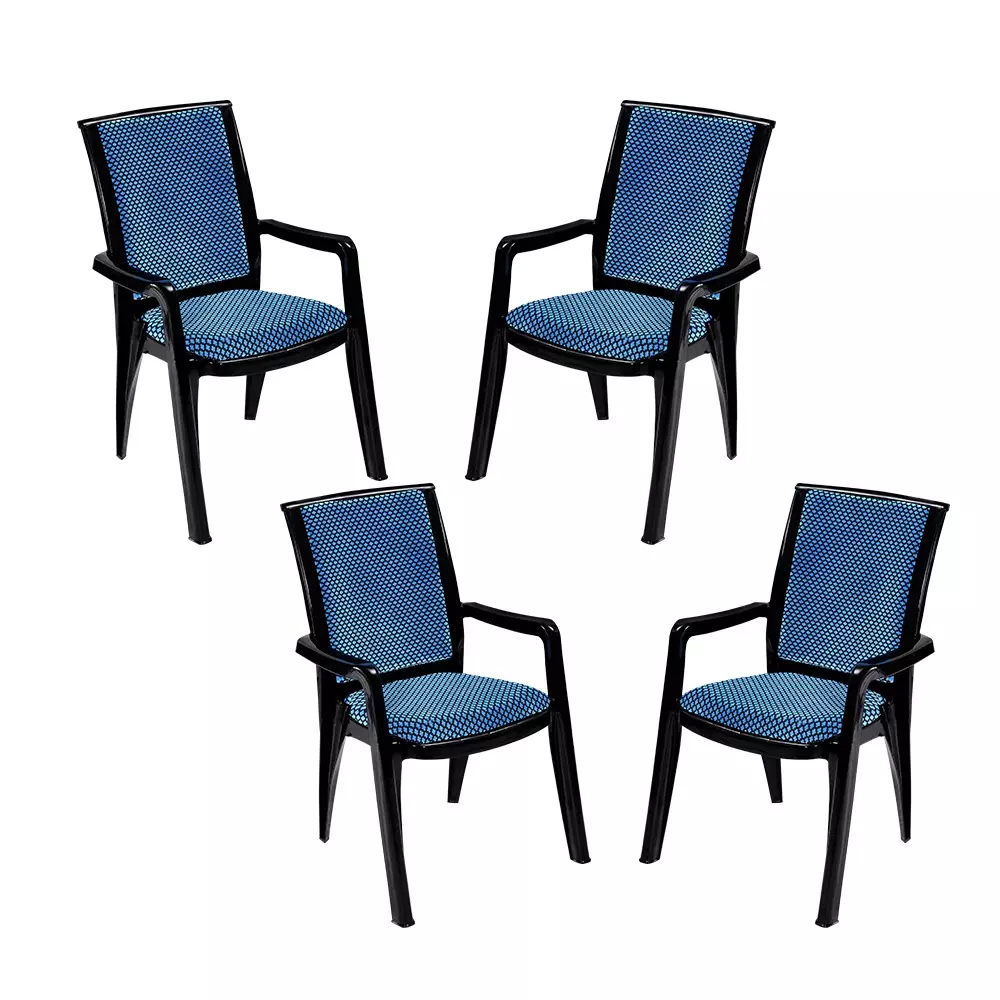 Swagath Premier Plastic Cushioned Seat with Arm Chair, Blue and Black (Set of 4)