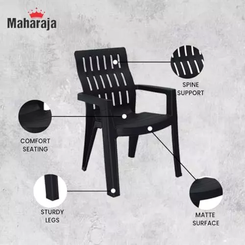 Maharaja Arm Rest Plastic Chair 200 Kg Bearing Capacity Black, Fortuner_Black-PK6 (Set of 6)
