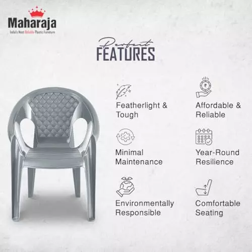 Maharaja Arm Rest Plastic Chair Solid Back For Home, Living Room Silver, Surya601_Silver-PK2 (Set of 2)