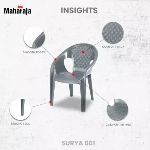 Maharaja Arm Rest Plastic Chair Solid Back For Home, Living Room Silver, Surya601_Silver-PK2 (Set of 2)
