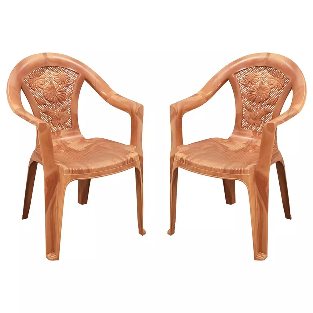 Swagath Plastic Chair With Armrest Sandal Wood Color for Cafe, Home and Office, SW-308 (Pack of 2 Pcs)