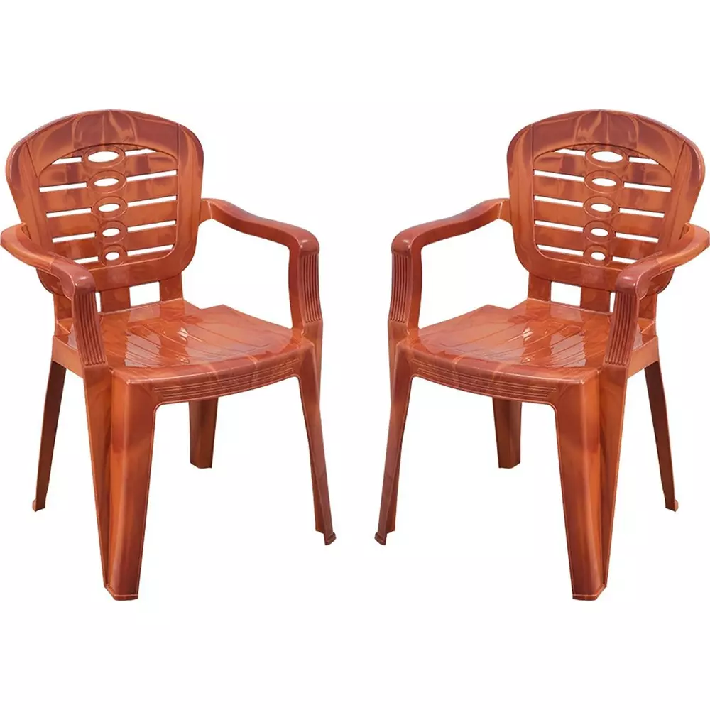 Swagath Plastic Chair with Arm Rest Teakwood Matte Finish 100 Kg Load Capacity High Back for Indoor & Outdoor Use, SW-1502 (Pack of 2 Pcs)