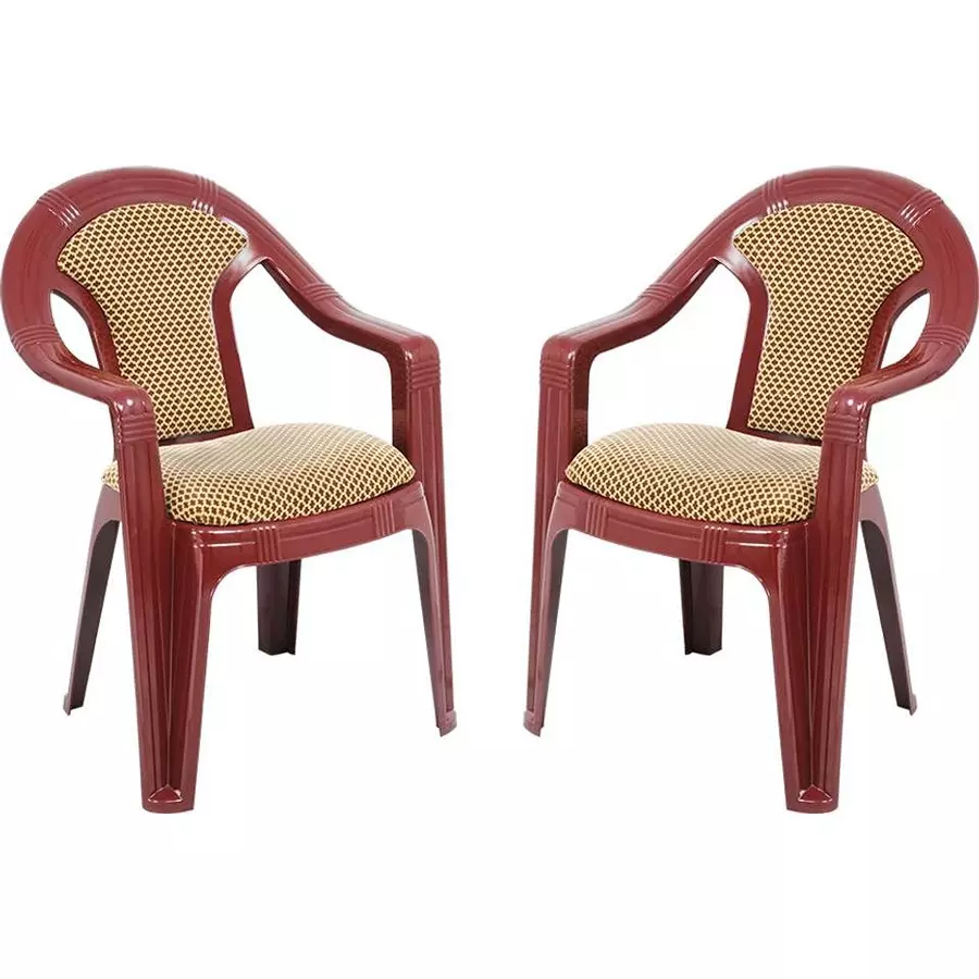 Swagath ADORE Cafeteria Cushioned Chair with Arm Rest Plastic Maroon Body With Brown Cushioned Seat 82x59x59 cm Size, ADORE-MR/L.BRN-2 (Pack of 2 Pcs)