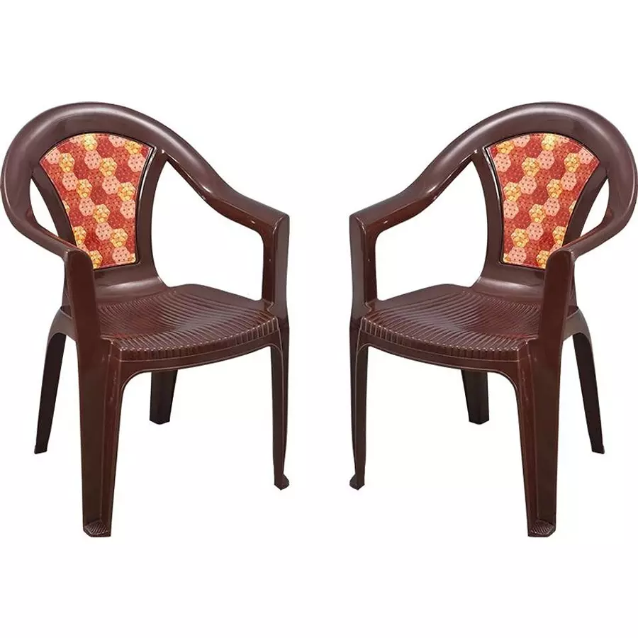 Swagath Chair With Arm Rest Meduim Back Style Plastic Saddle Brown for Home & School Use, MOSAIC-SB-2 (Pack of 2 Pcs)