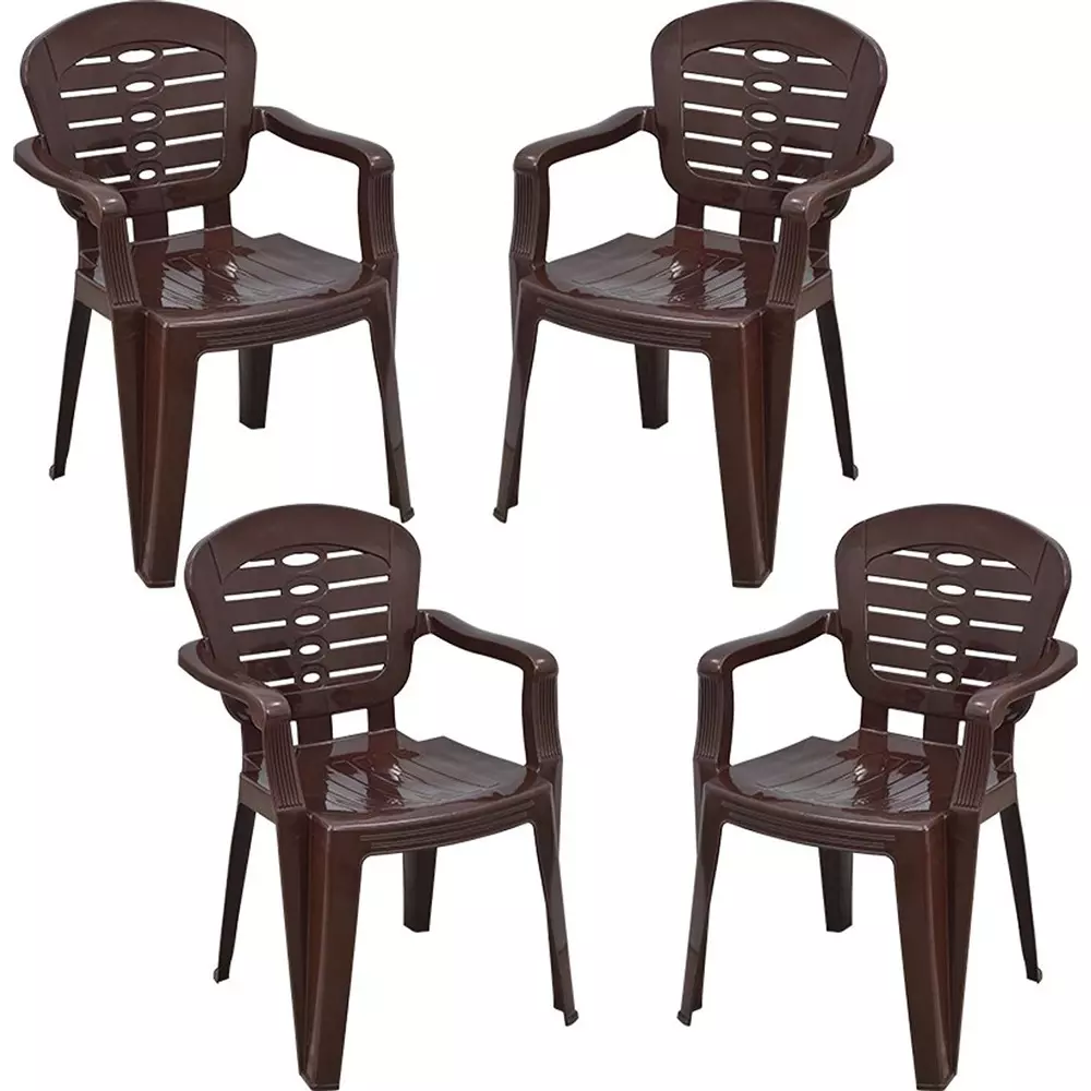 Swagath Plastic Chair with Arm Rest Saddle Brown Matte Finish 100 Kg Load Capacity High Back for Indoor & Outdoor Use, SW-1502 (Pack of 4 Pcs)