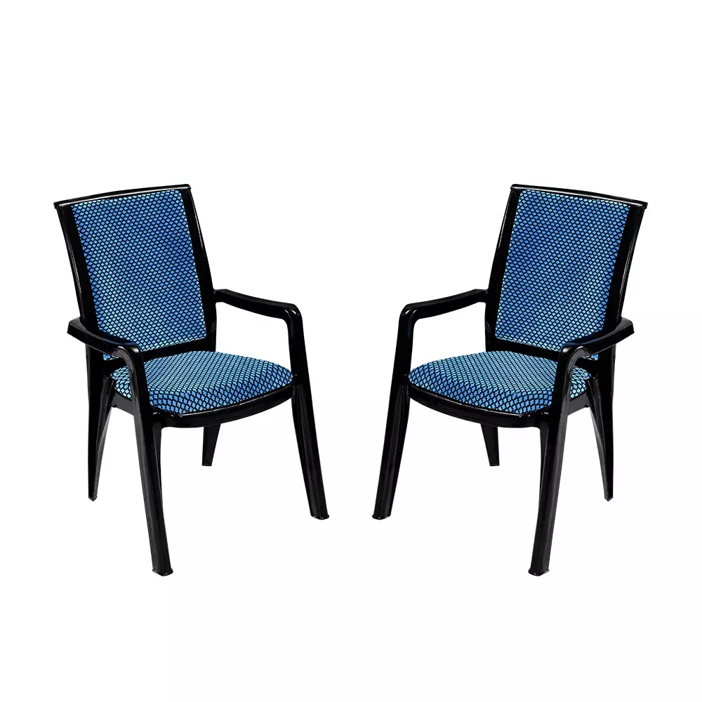 Swagath Premier Plastic Cushioned Seat with Arm Chair, Blue and Black (Set of 2)