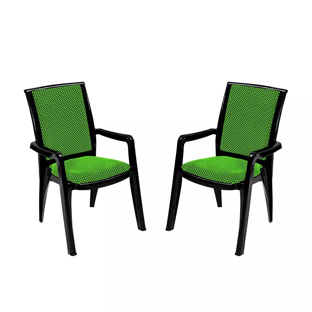 Swagath Premier Plastic Cushioned Seat with Arm Chair, Green and Black (Set of 2)