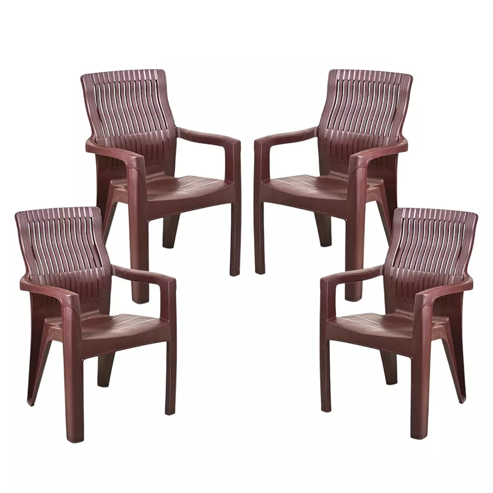 Maharaja Arm Rest Plastic Chair Solid Back For Home, Living Room Brown, Dabang204_Brown-PK4 (Set of 4)