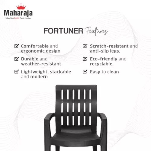 Maharaja Arm Rest Plastic Chair 200 Kg Bearing Capacity Black, Fortuner_Black-PK4 (Set of 4)