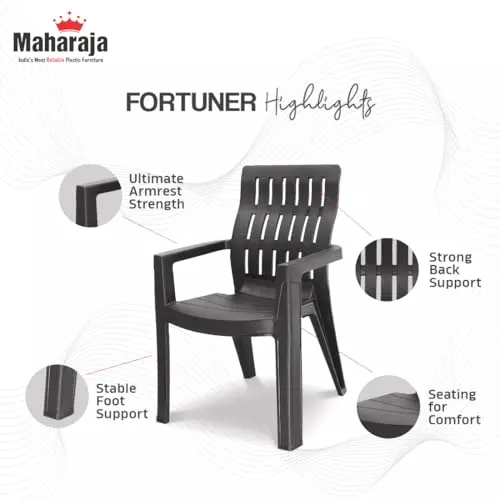 Maharaja Arm Rest Plastic Chair 200 Kg Bearing Capacity Black, Fortuner_Black-PK4 (Set of 4)