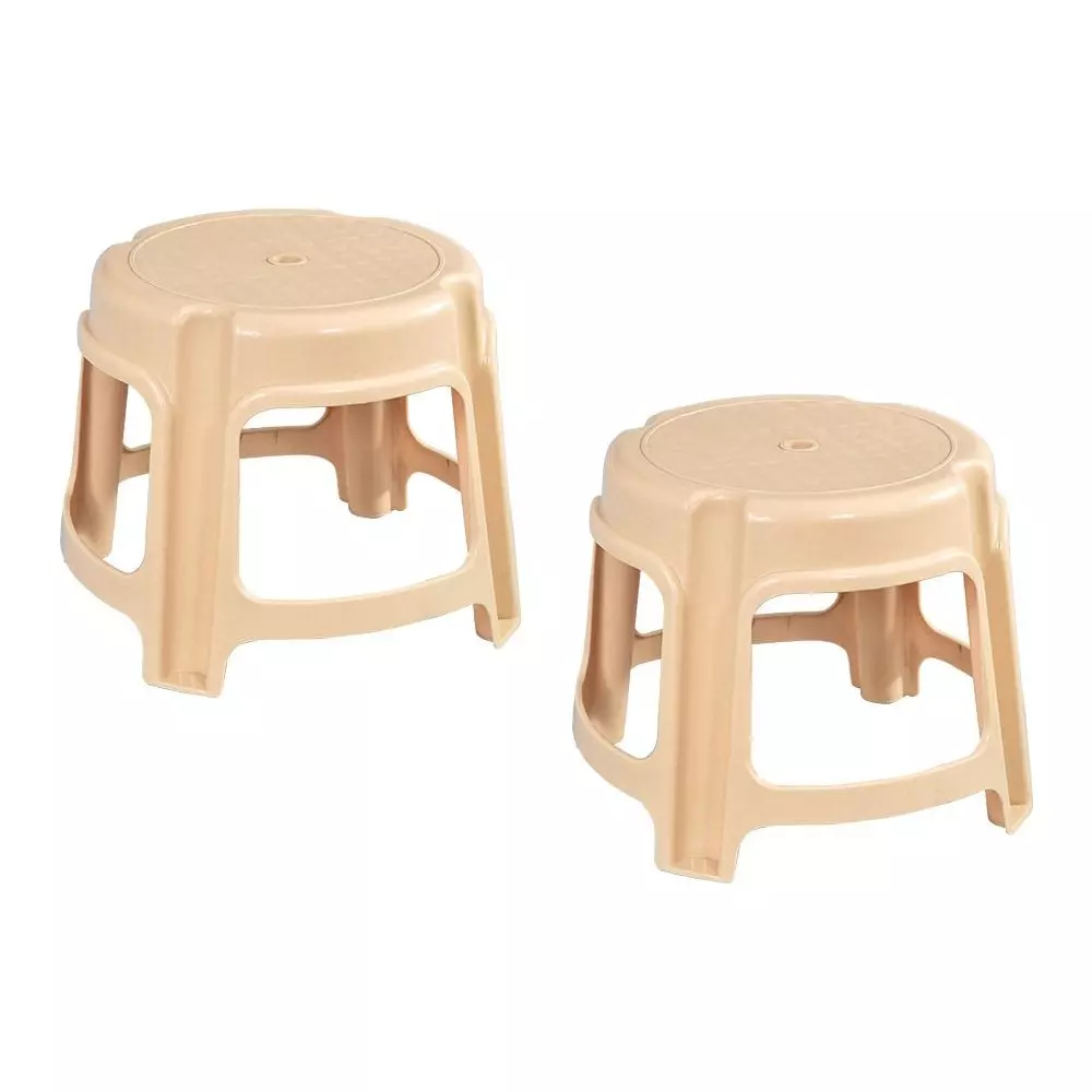 Swagath Bathroom Stool Round Shape 4 Legs Plastic Glossy Finish 80 Kg Load Capacity Marble Beige for Bathroom Use, PS-03 (Pack of 2 Pcs)